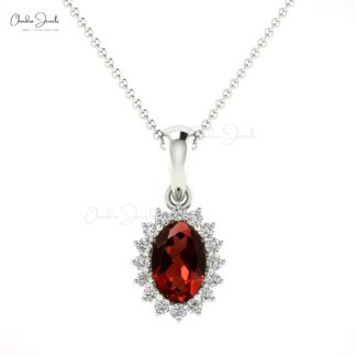 Solid 14k Gold Dangle Pendant in 6x4mm Oval Mozambique Garnet And Diamond Halo Pendant
