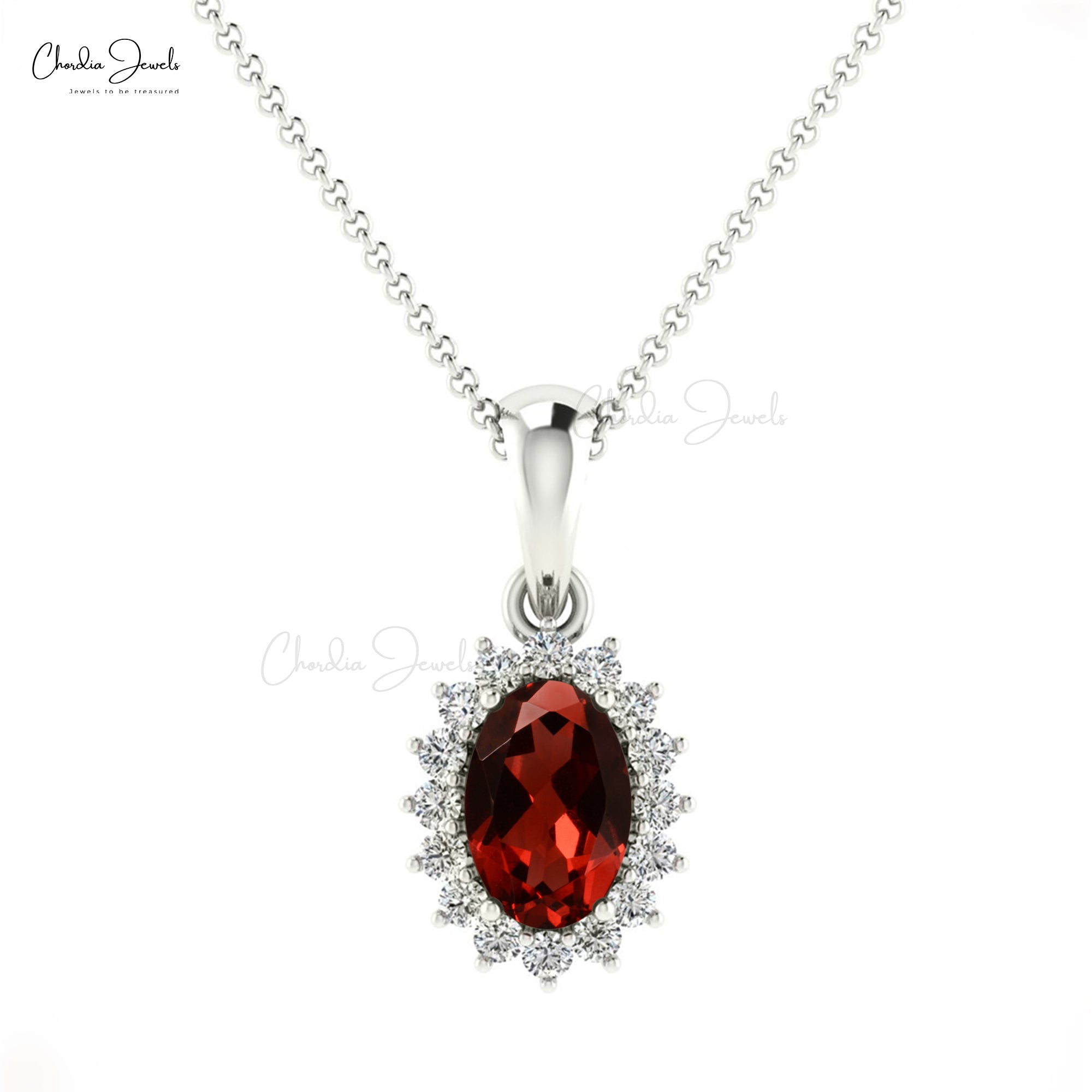 Solid 14k Gold Dangle Pendant in 6x4mm Oval Mozambique Garnet And Diamond Halo Pendant