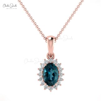 Double Birthstone Halo Pendant With 0.54 Ct London Blue Topaz Diamond 14k Solid Gold Charms