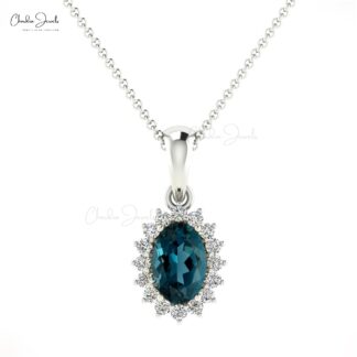 Double Birthstone Halo Pendant With 0.54 Ct London Blue Topaz Diamond 14k Solid Gold Charms