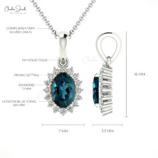 Double Birthstone Halo Pendant With 0.54 Ct London Blue Topaz Diamond 14k Solid Gold Charms