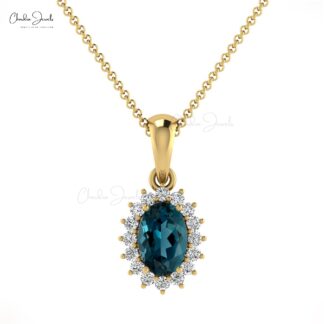 Double Birthstone Halo Pendant With 0.54 Ct London Blue Topaz Diamond 14k Solid Gold Charms