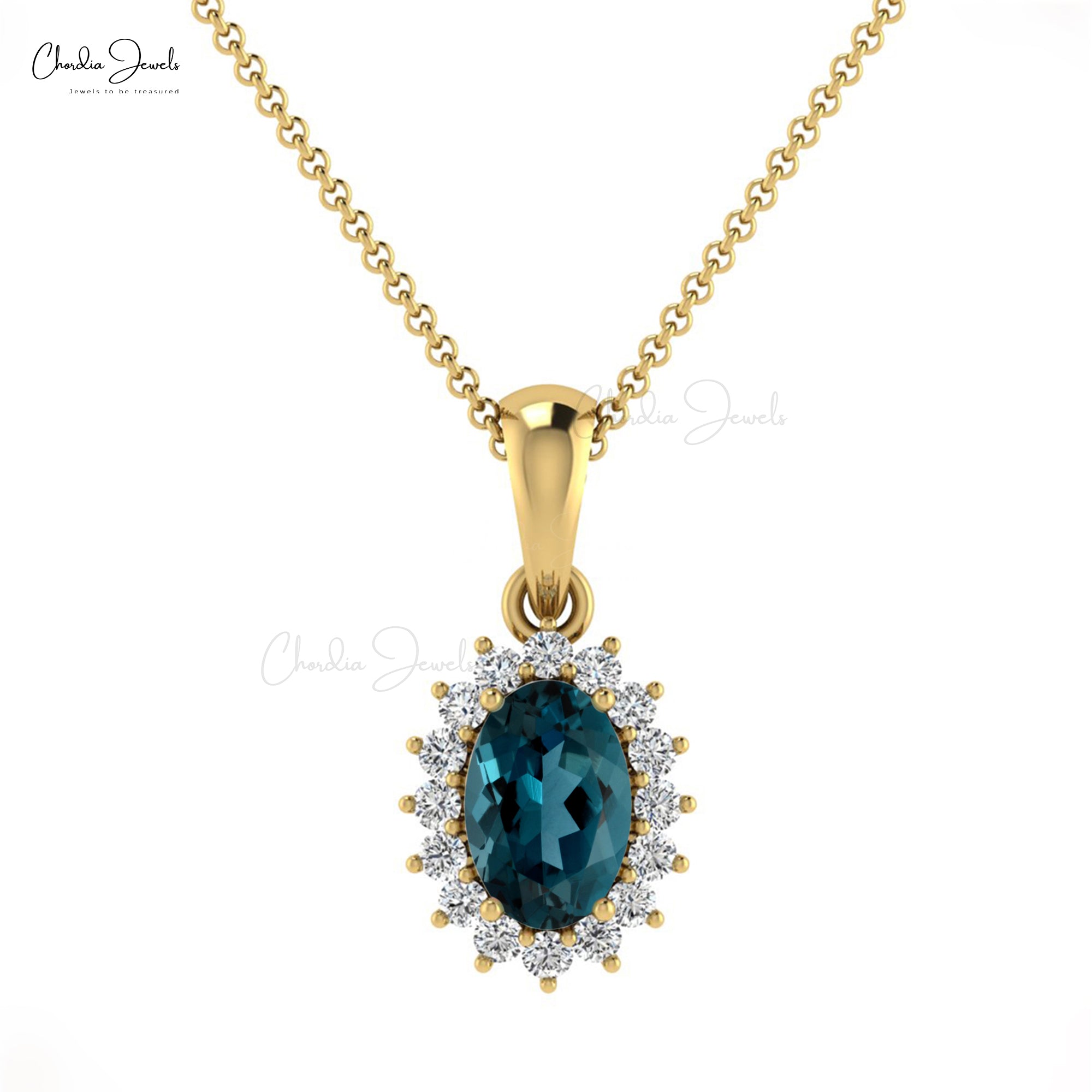 Double Birthstone Halo Pendant With 0.54 Ct London Blue Topaz Diamond 14k Solid Gold Charms