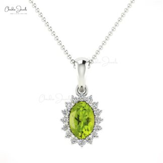 Natural Peridot Dangle Pendant In 14k Solid Gold Gemstone And Pave Diamond Pendants