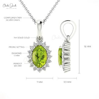 Natural Peridot Dangle Pendant In 14k Solid Gold Gemstone And Pave Diamond Pendants