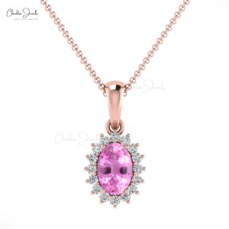 Natural Pink Sapphire 0.58 Ct Gemstone and Halo Diamond 14k Real Gold Unique Pendant