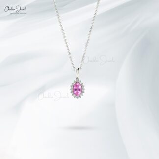 Natural Pink Sapphire 0.58 Ct Gemstone and Halo Diamond 14k Real Gold Unique Pendant