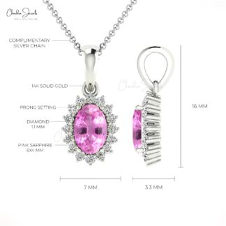 Natural Pink Sapphire 0.58 Ct Gemstone and Halo Diamond 14k Real Gold Unique Pendant