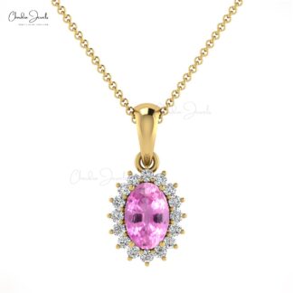 Natural Pink Sapphire 0.58 Ct Gemstone and Halo Diamond 14k Real Gold Unique Pendant
