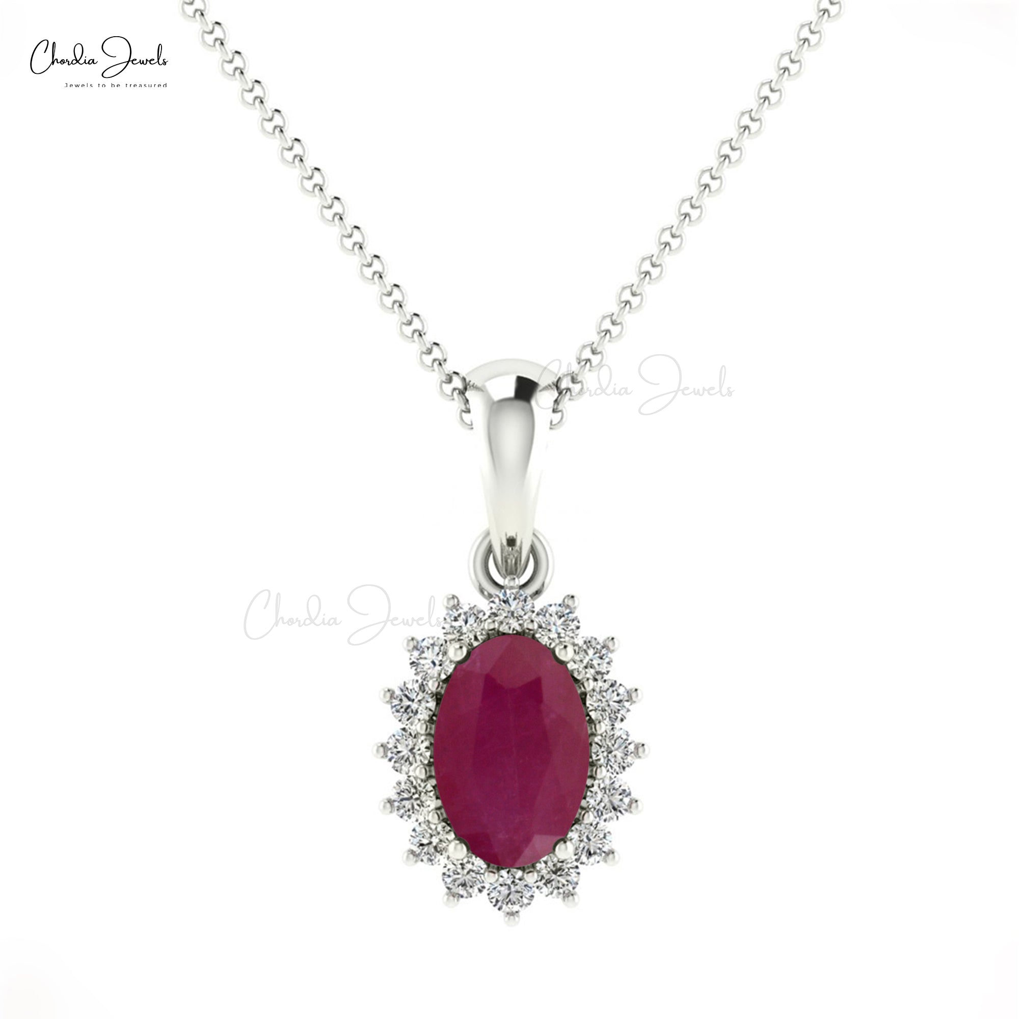 Oval Cut Halo Diamond Pendant in 14k Solid Gold With 6x4mm Ruby Gemstone Pendants