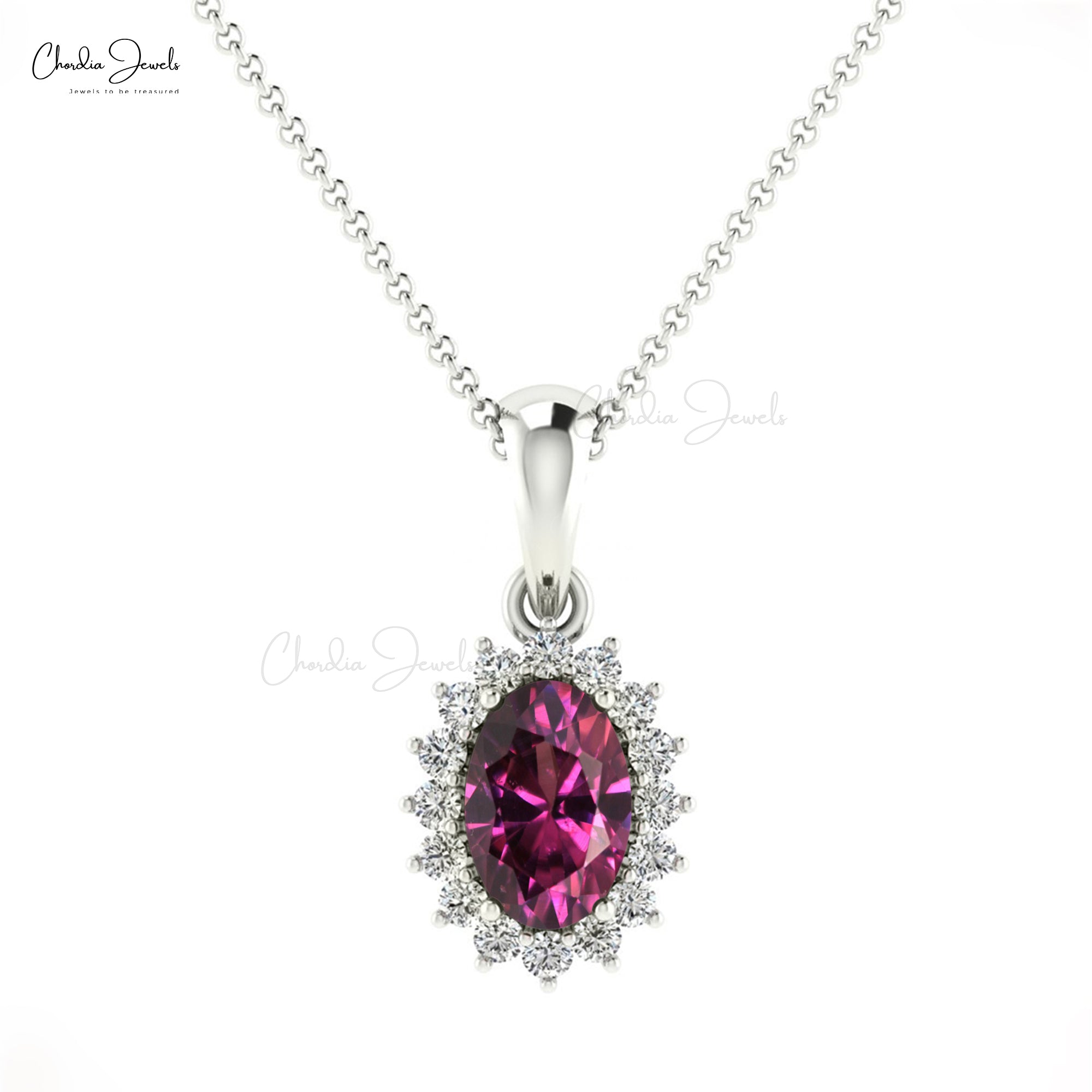 Oval Cut Dangle Pendant In 14k Solid Gold Rhodolite Garnet And Diamond Halo Pendant