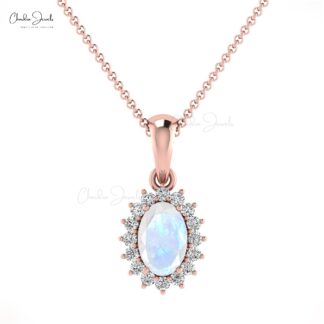 Real 14k Gold Oval Halo Pendant With 6x4mm Moonstone Diamond Minimalist Pendant