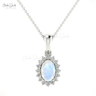 Real 14k Gold Oval Halo Pendant With 6x4mm Moonstone Diamond Minimalist Pendant