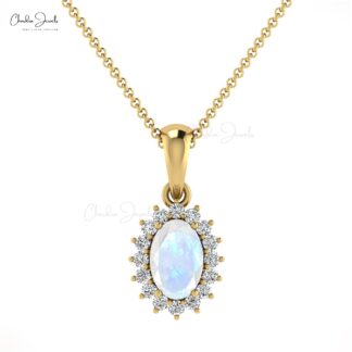 Real 14k Gold Oval Halo Pendant With 6x4mm Moonstone Diamond Minimalist Pendant