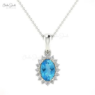 Halo Diamond Minimal Pendant With 0.58 Ct Natural Swiss Blue Topaz 14k Solid Gold Pendant