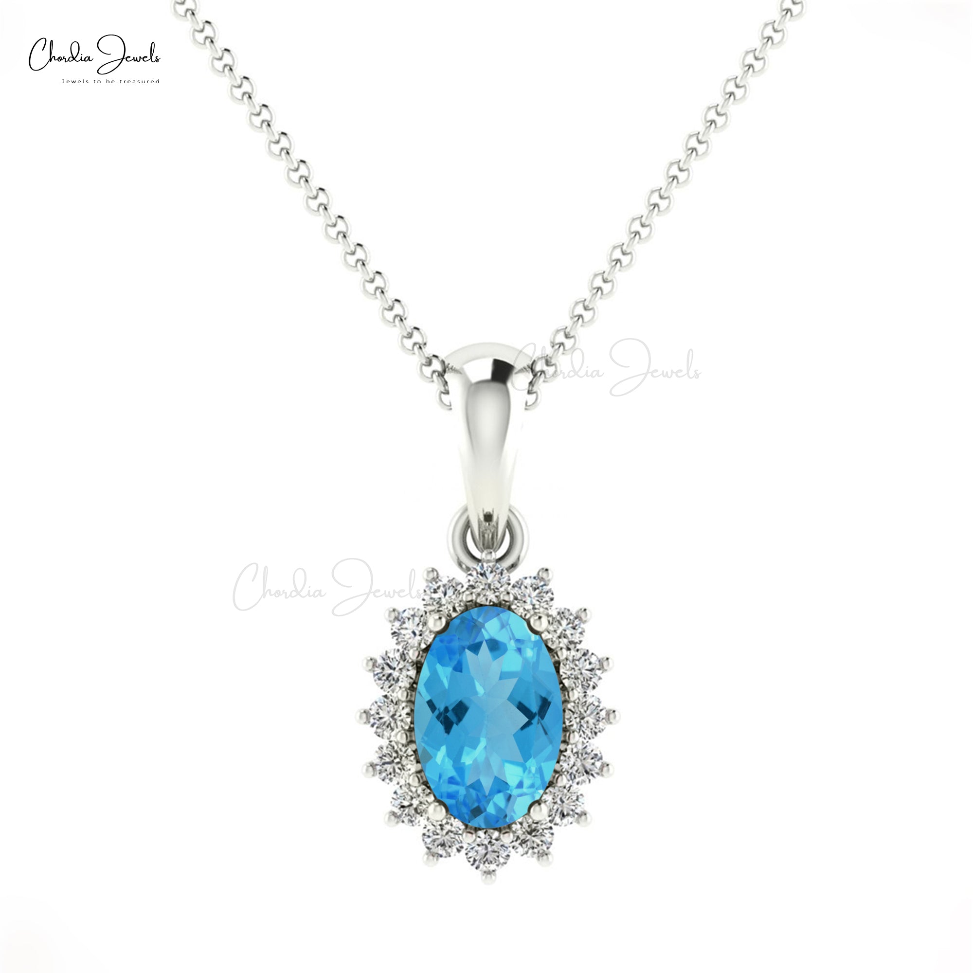 Halo Diamond Minimal Pendant With 0.58 Ct Natural Swiss Blue Topaz 14k Solid Gold Pendant