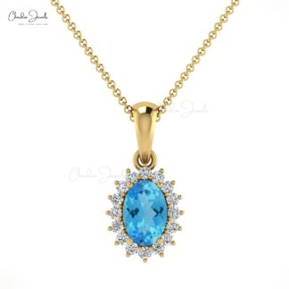 Halo Diamond Minimal Pendant With 0.58 Ct Natural Swiss Blue Topaz 14k Solid Gold Pendant