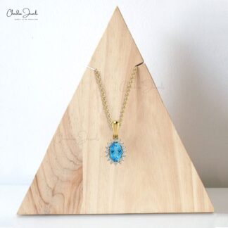 Halo Diamond Minimal Pendant With 0.58 Ct Natural Swiss Blue Topaz 14k Solid Gold Pendant