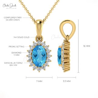 Halo Diamond Minimal Pendant With 0.58 Ct Natural Swiss Blue Topaz 14k Solid Gold Pendant