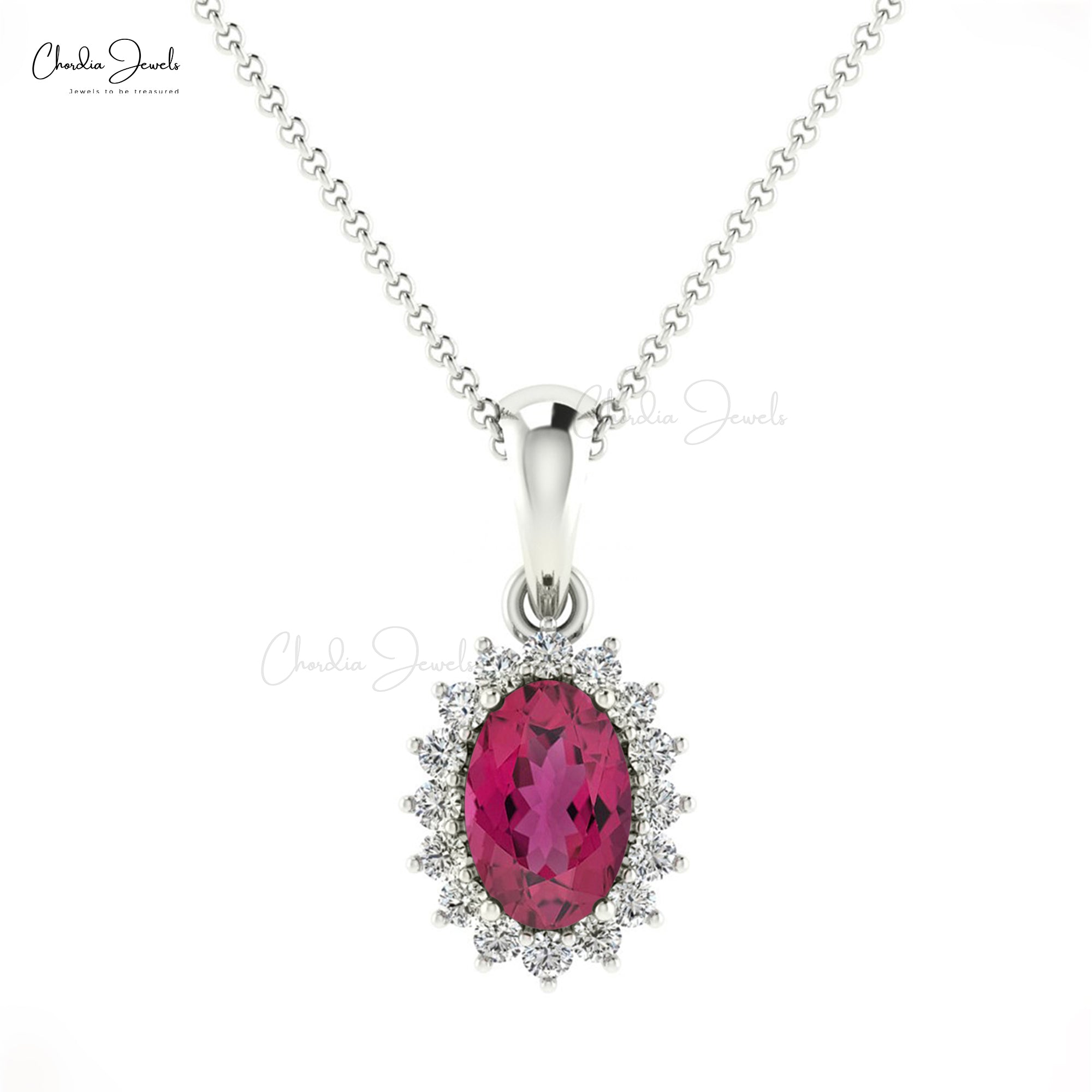 Oval Gemstone Pendant In 14k Solid White Gold Pink Tourmaline Halo Diamond Women Necklace