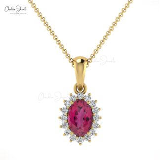 Solid 14k Gold Halo Pendant With 6x4mm Pink Tourmaline Gemstone Hallmark Pendant