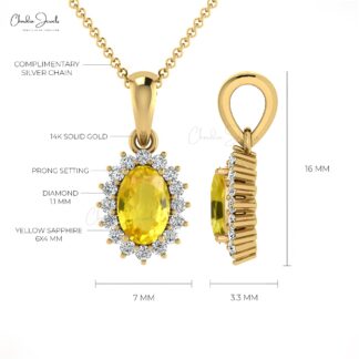 Dainty Diamond Dangle Charm in 14k Real Gold Yellow Sapphire 6x4mm Gemstone Pendant
