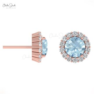 Real 14k Gold Brilliant Cut Diamond Halo Earring With Aquamarine March Birthstone Studs