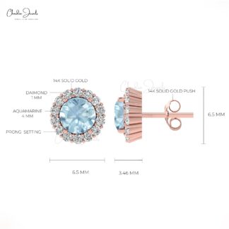 Real 14k Gold Brilliant Cut Diamond Halo Earring With Aquamarine March Birthstone Studs