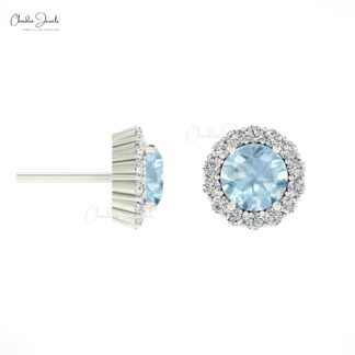 Real 14k Gold Brilliant Cut Diamond Halo Earring With Aquamarine March Birthstone Studs