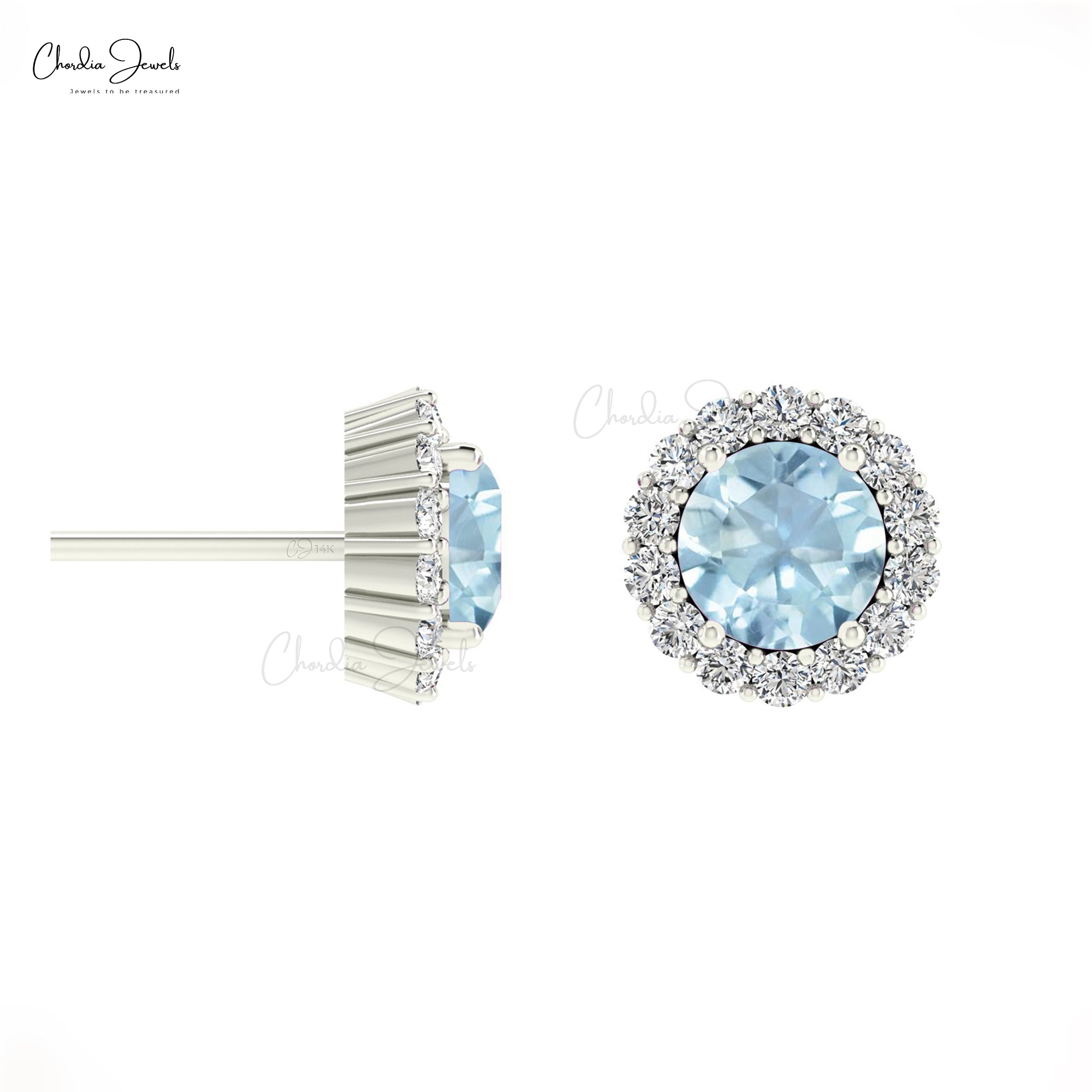 Real 14k Gold Brilliant Cut Diamond Halo Earring With Aquamarine March Birthstone Studs