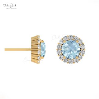 Real 14k Gold Brilliant Cut Diamond Halo Earring With Aquamarine March Birthstone Studs