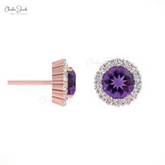 Round 4mm Brilliant Cut 4-Prong Set Genstone Halo Earrings, 14k Real Gold Diamond Earrings For Birthday Gift, 0.44 Ct February Birthstone Natural Amethyst Minimalist Jewelry