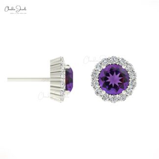 Round 4mm Brilliant Cut 4-Prong Set Genstone Halo Earrings, 14k Real Gold Diamond Earrings For Birthday Gift, 0.44 Ct February Birthstone Natural Amethyst Minimalist Jewelry