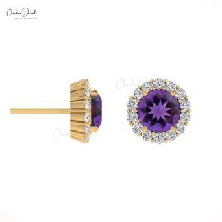 Round 4mm Brilliant Cut 4-Prong Set Genstone Halo Earrings, 14k Real Gold Diamond Earrings For Birthday Gift, 0.44 Ct February Birthstone Natural Amethyst Minimalist Jewelry