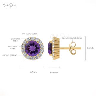 Round 4mm Brilliant Cut 4-Prong Set Genstone Halo Earrings, 14k Real Gold Diamond Earrings For Birthday Gift, 0.44 Ct February Birthstone Natural Amethyst Minimalist Jewelry