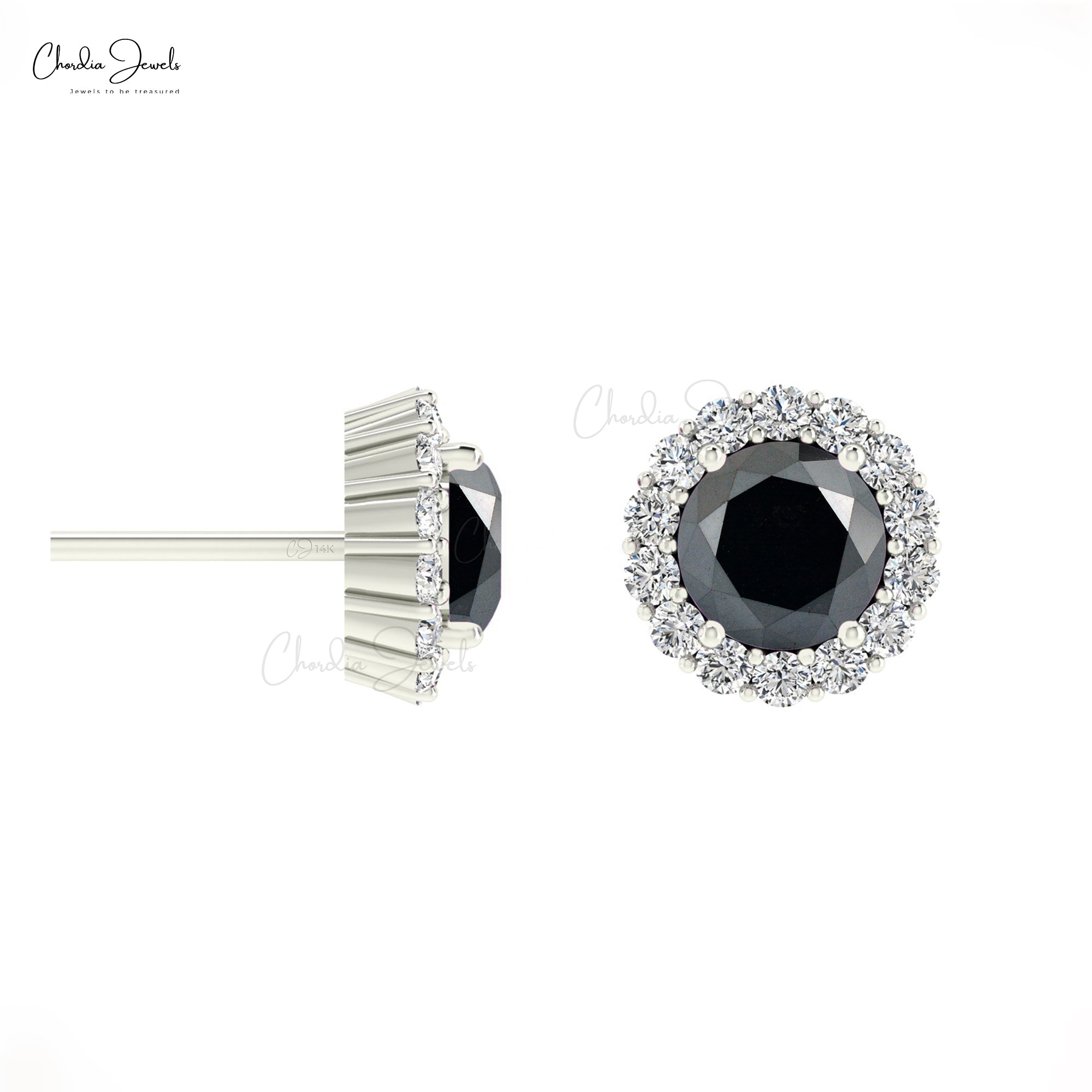 Round Cut Halo Diamond Earrings With 4mm Black Diamond Prong Set In 14k Solid Gold Studs