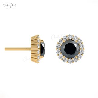 Round Cut Halo Diamond Earrings With 4mm Black Diamond Prong Set In 14k Solid Gold Studs