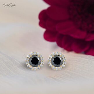 Round Cut Halo Diamond Earrings With 4mm Black Diamond Prong Set In 14k Solid Gold Studs