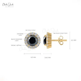 Round Cut Halo Diamond Earrings With 4mm Black Diamond Prong Set In 14k Solid Gold Studs