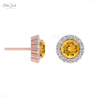 AAA Citrine Gemstone Halo Stud In 14k Real Gold Pave Diamond Hallmarked Wedding Earrings