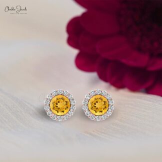 AAA Citrine Gemstone Halo Stud In 14k Real Gold Pave Diamond Hallmarked Wedding Earrings