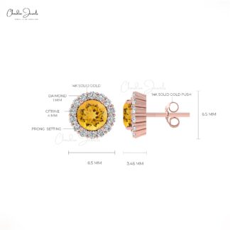 AAA Citrine Gemstone Halo Stud In 14k Real Gold Pave Diamond Hallmarked Wedding Earrings