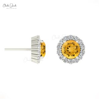 AAA Citrine Gemstone Halo Stud In 14k Real Gold Pave Diamond Hallmarked Wedding Earrings