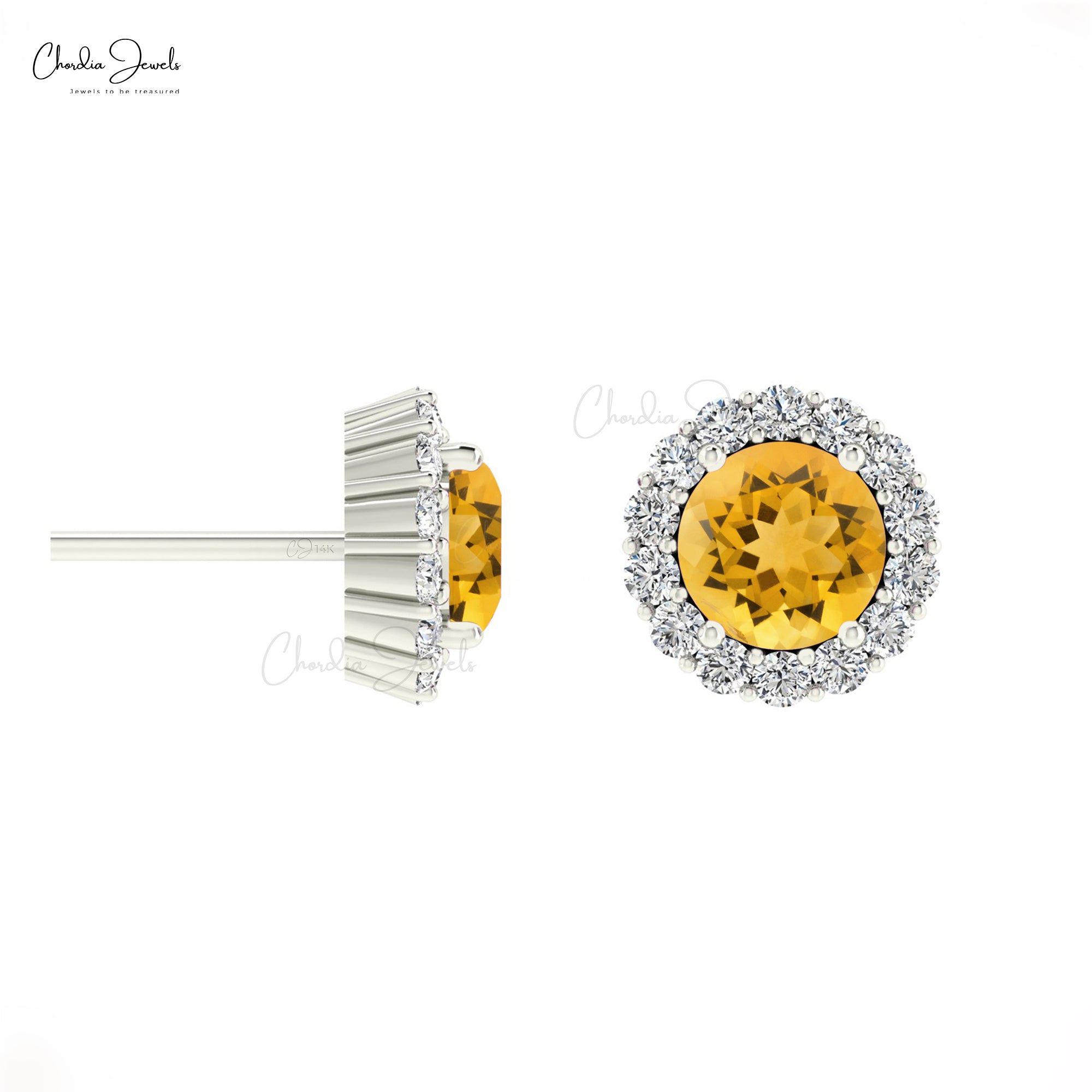 AAA Citrine Gemstone Halo Stud In 14k Real Gold Pave Diamond Hallmarked Wedding Earrings