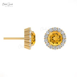 AAA Citrine Gemstone Halo Stud In 14k Real Gold Pave Diamond Hallmarked Wedding Earrings