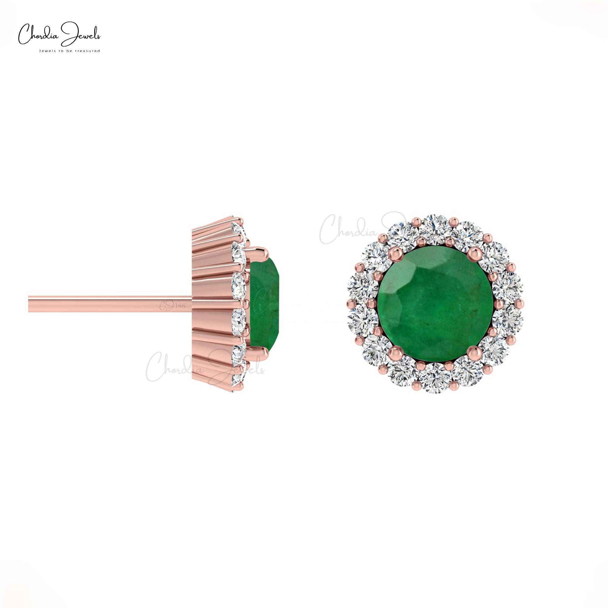 Solid 14k Gold Natural Emerald Earrings Studs With Diamond Halo