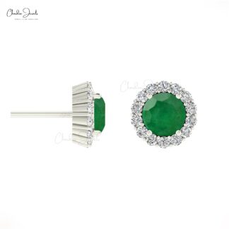 Solid 14k Gold Natural Emerald Earrings Studs With Diamond Halo