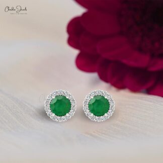 Solid 14k Gold Natural Emerald Earrings Studs With Diamond Halo