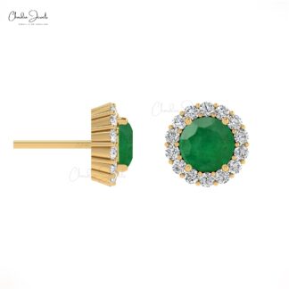 Solid 14k Gold Natural Emerald Earrings Studs With Diamond Halo