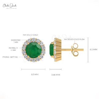 Solid 14k Gold Natural Emerald Earrings Studs With Diamond Halo